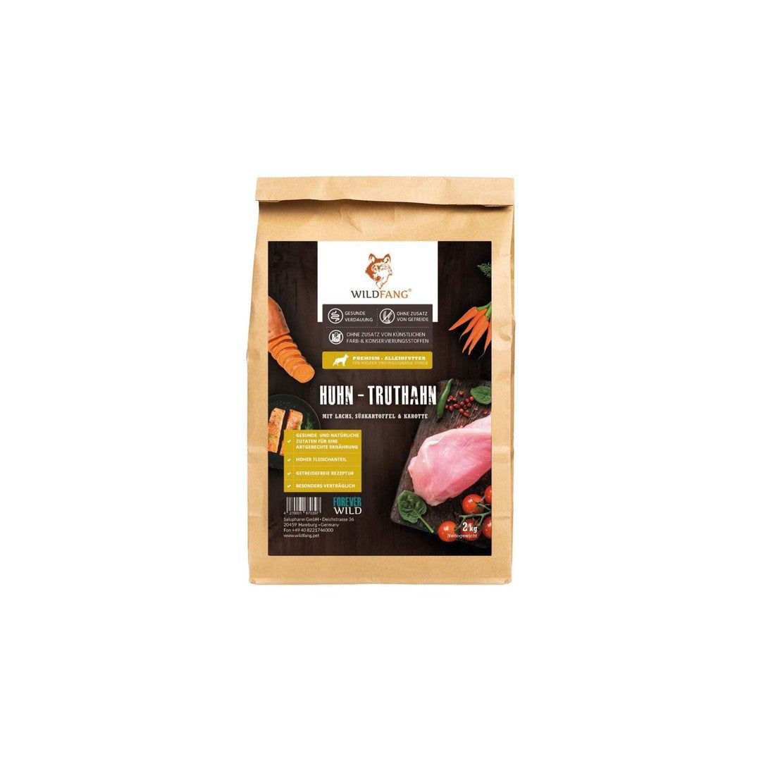 Sacchetto di cibo per cani con logo Wildfang. Testo: Huhn-Truthahn. Ingredienti: verdure, carne.