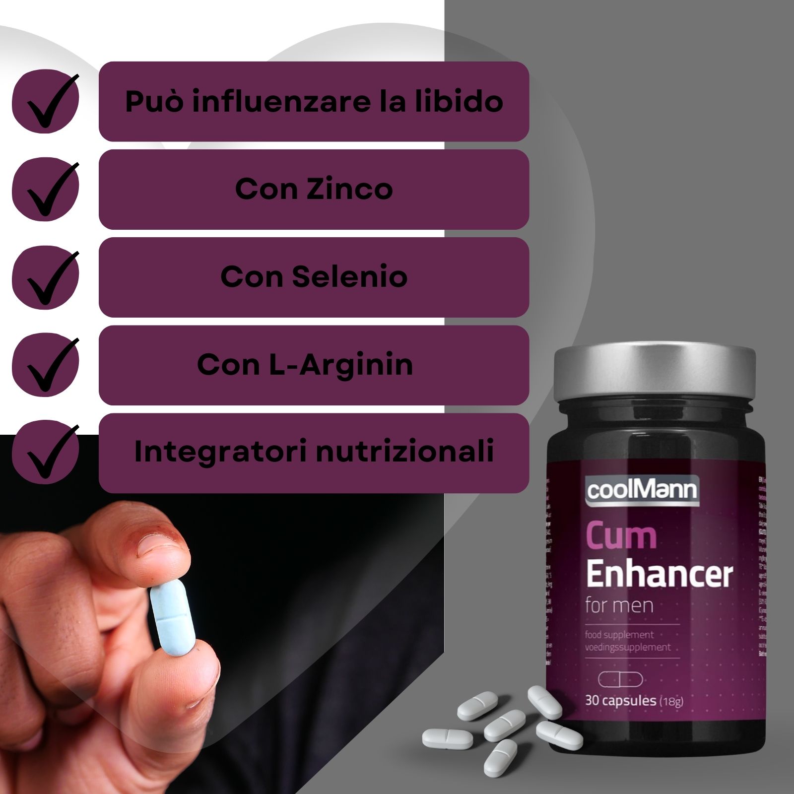 Flacone e confezione del prodotto. Testo: "coolMann Cum Enhancer for men". Una capsula in mano. Uomo muscoloso sullo sfondo.