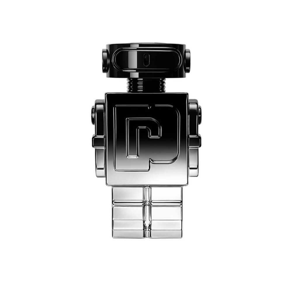 Flacone di profumo argento-nero a forma di robot. Logo "P" sul davanti.