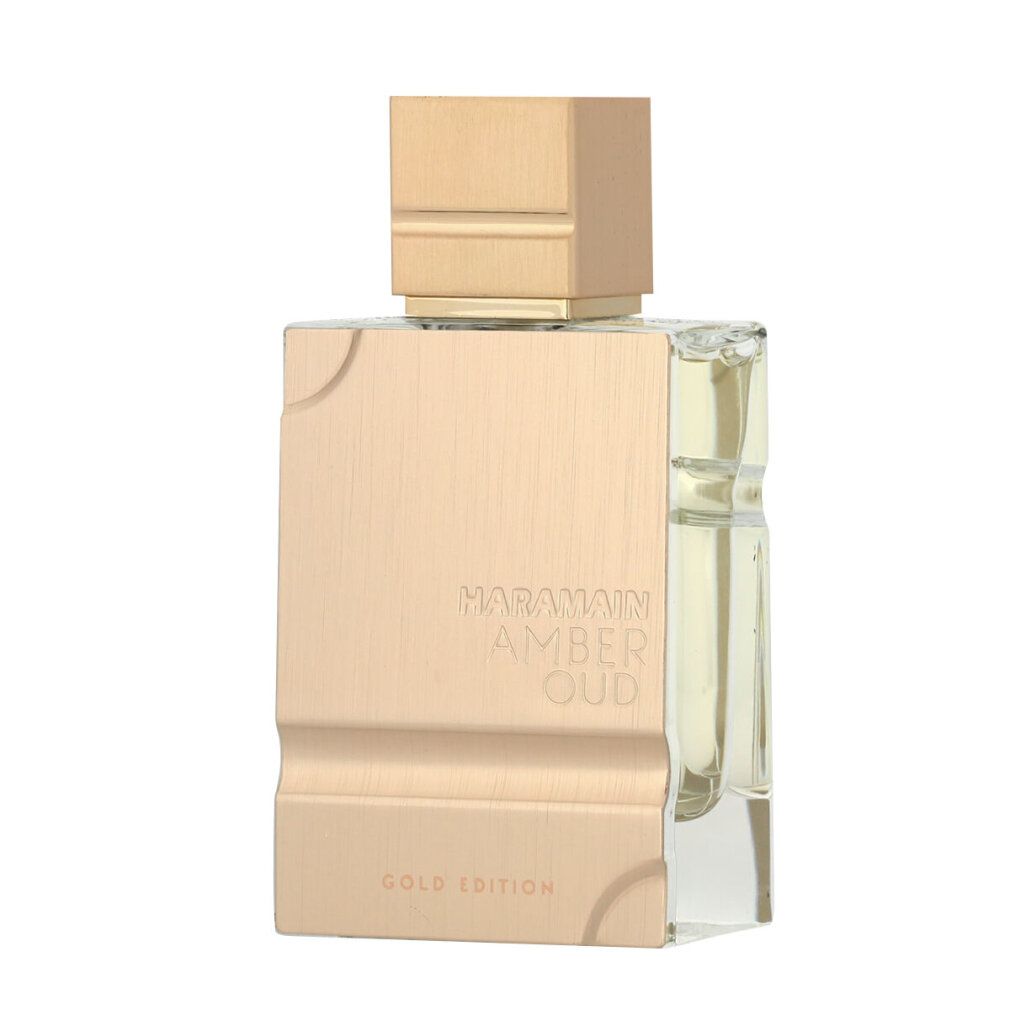 Flacone dorato. Scritta: Al Haramain Amber Oud Gold Edition. Flacone con tappo quadrato e forma rettangolare.
