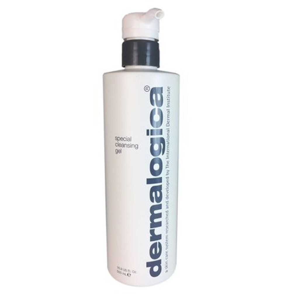 Dispenser bianco con pompa. Scritta: Special Cleansing Gel, dermalogica. Testina grigia.
