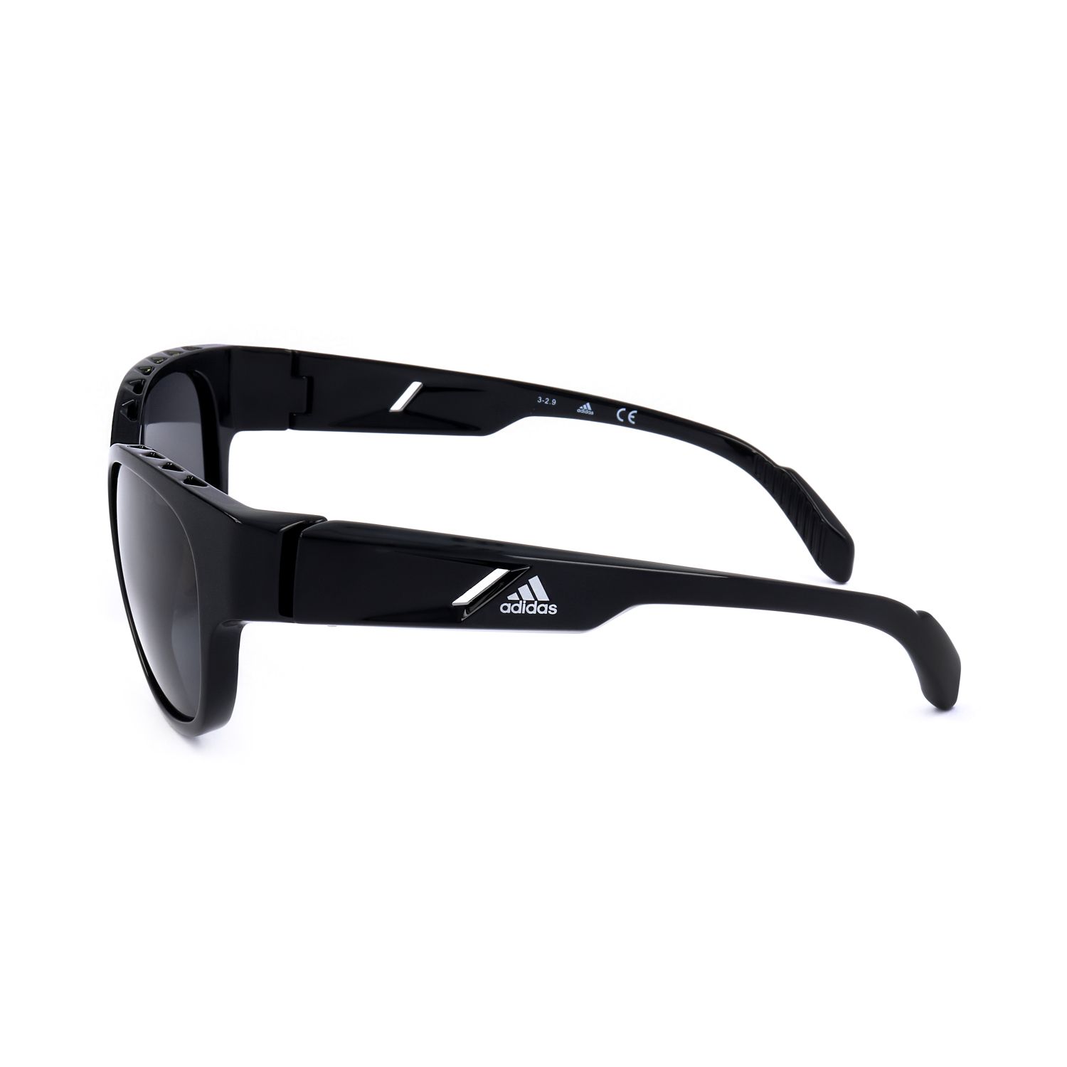 Occhiali da sole Adidas neri con logo argentato sulla stanghetta e marchio CE.