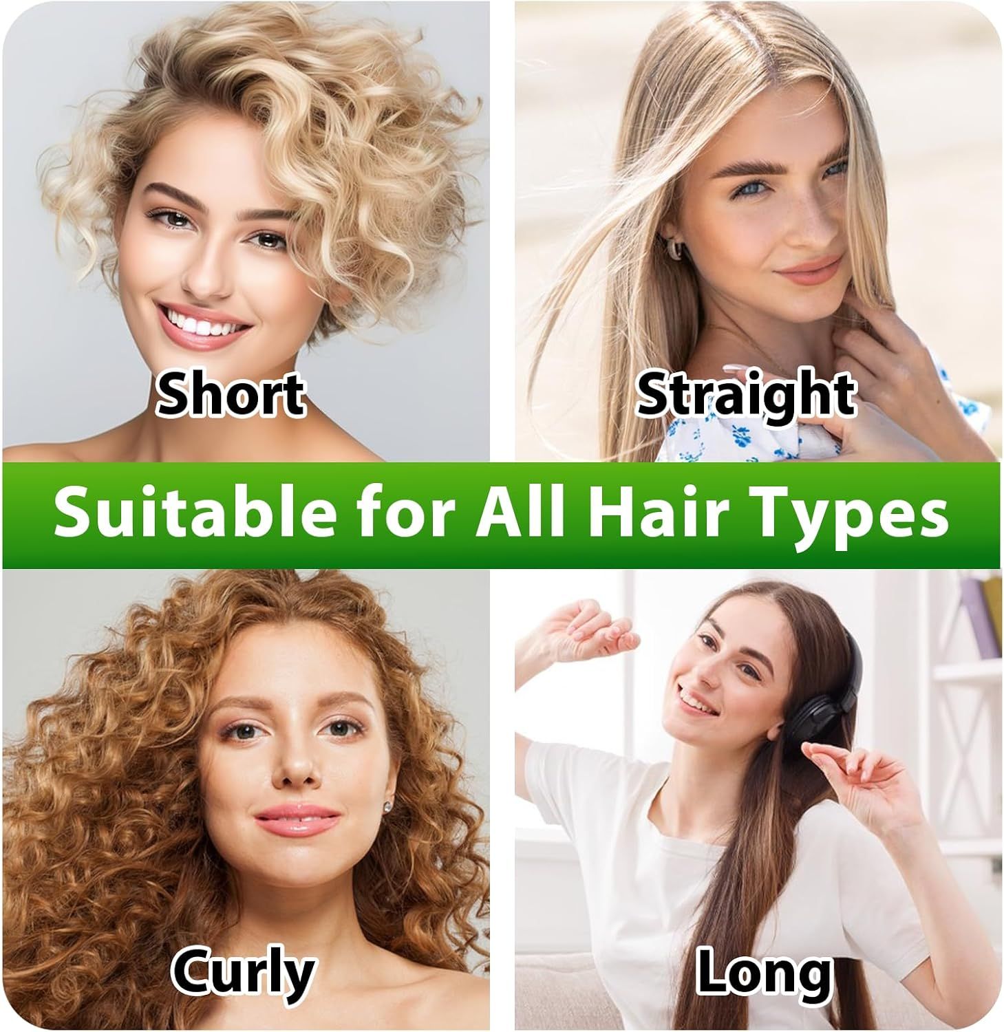 Quattro donne con diversi tipi di capelli: corti, lisci, ricci e lunghi. Testo: Adatto a tutti i tipi di capelli.