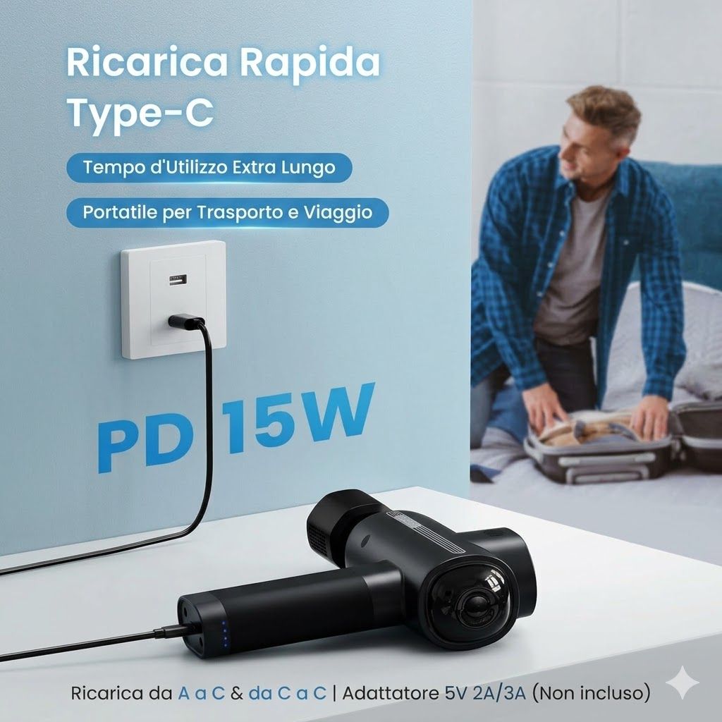 Massaggiatore nero con cavo collegato a una presa. Testo: Type-C, PD 15W.