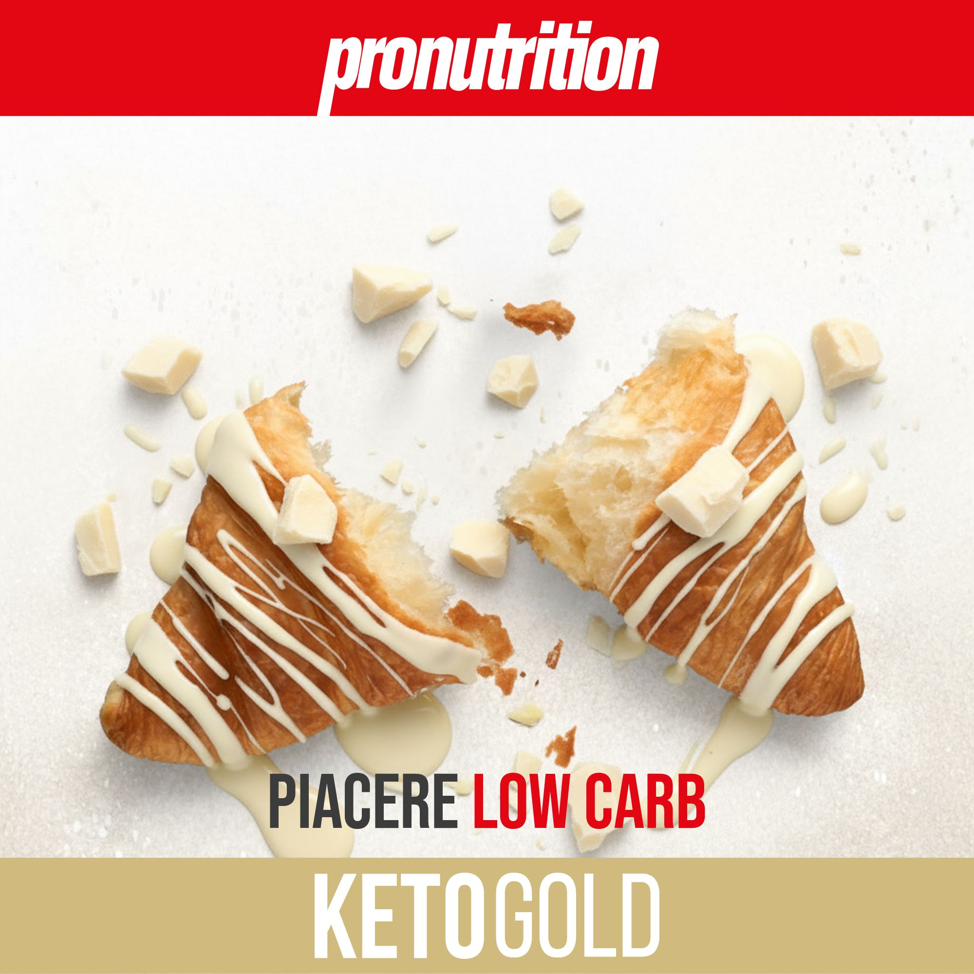 Cornetto strappato, ricoperto di cioccolato bianco. Testo: PIACERE LOW CARB, KETOGOLD.