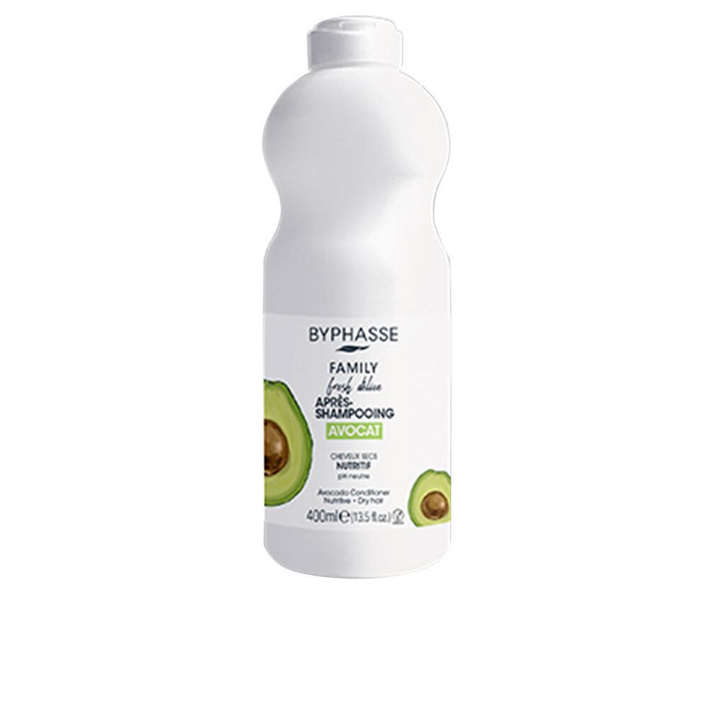 Flacone bianco con illustrazione di avocado e testo. Scritta: Byphasse Family Fresh Delice Après Shampooing Avocat. Per capelli secchi.