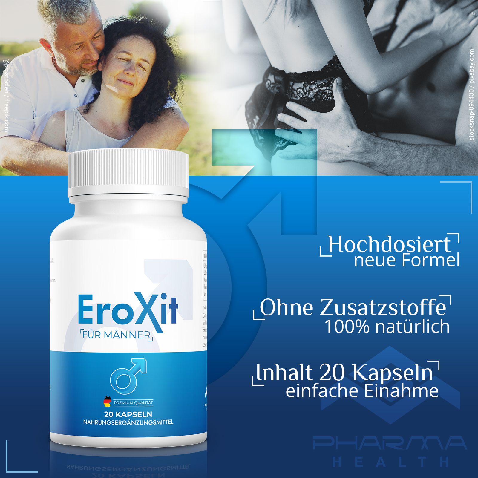 Un flacone di EroXit per uomini, 20 capsule, accanto a una coppia. Scritta: Altamente dosato, senza additivi, 20 capsule. Logo Pharma Health.