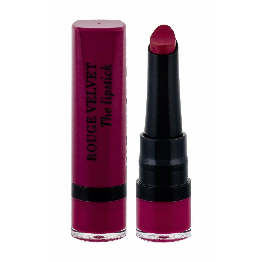 Rossetto con cappuccio aperto. Stick nero, rossetto magenta, base trasparente. Scritta.