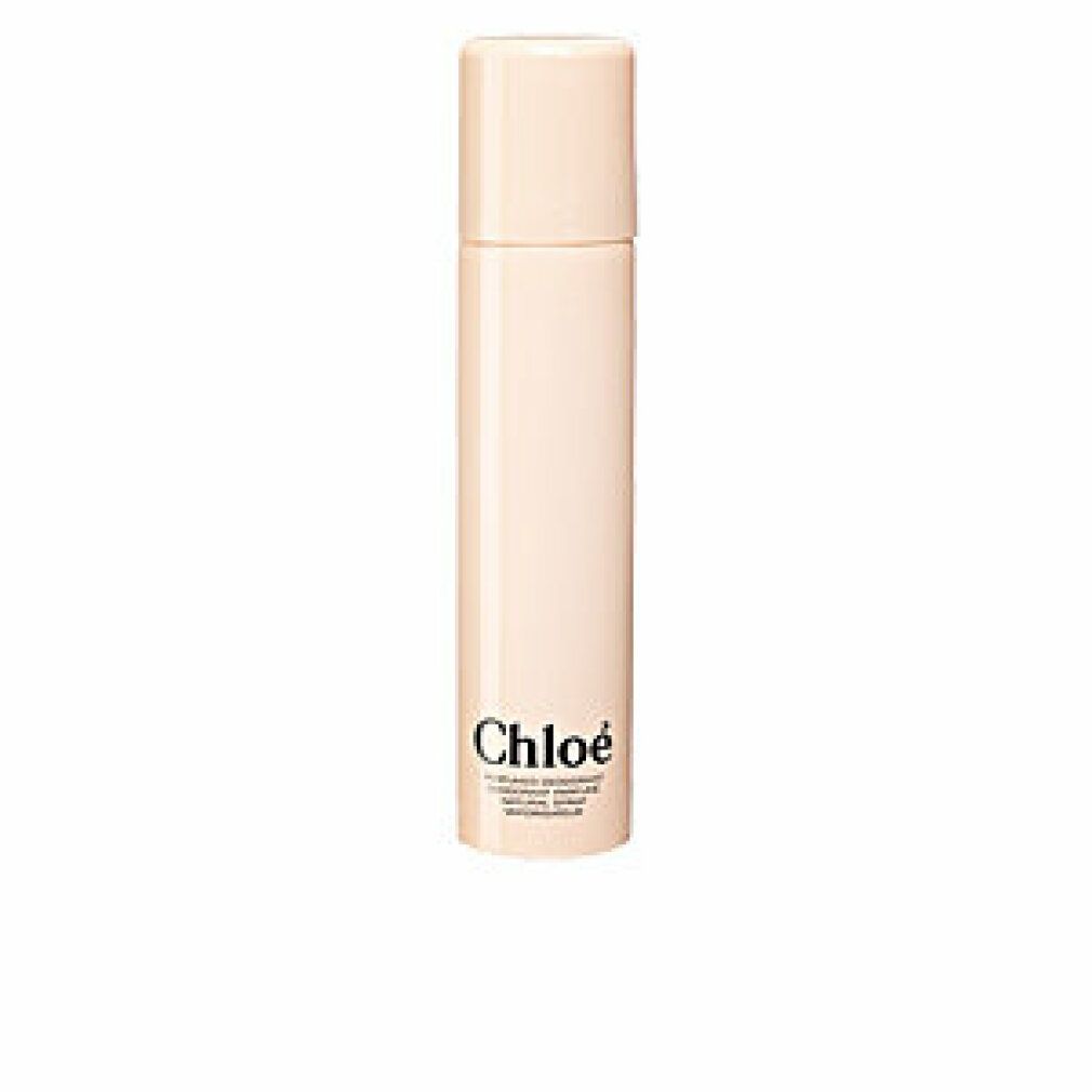 Spray deodorante rosa chiaro con logo Chloe nero. Il tappo è rosa chiaro.