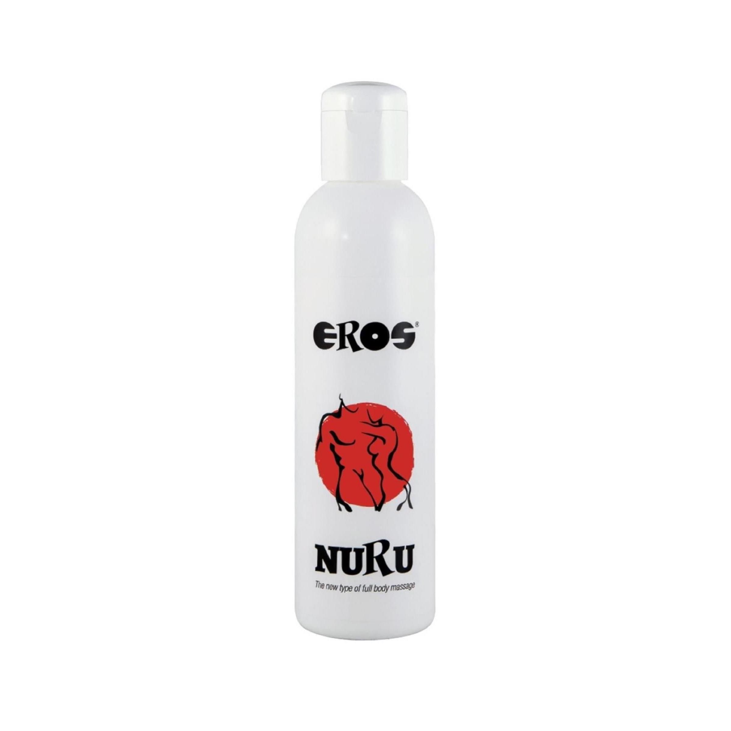 Flacone bianco con logo "EROS", cerchio rosso con figure e scritta "NURU". Testo sottostante.