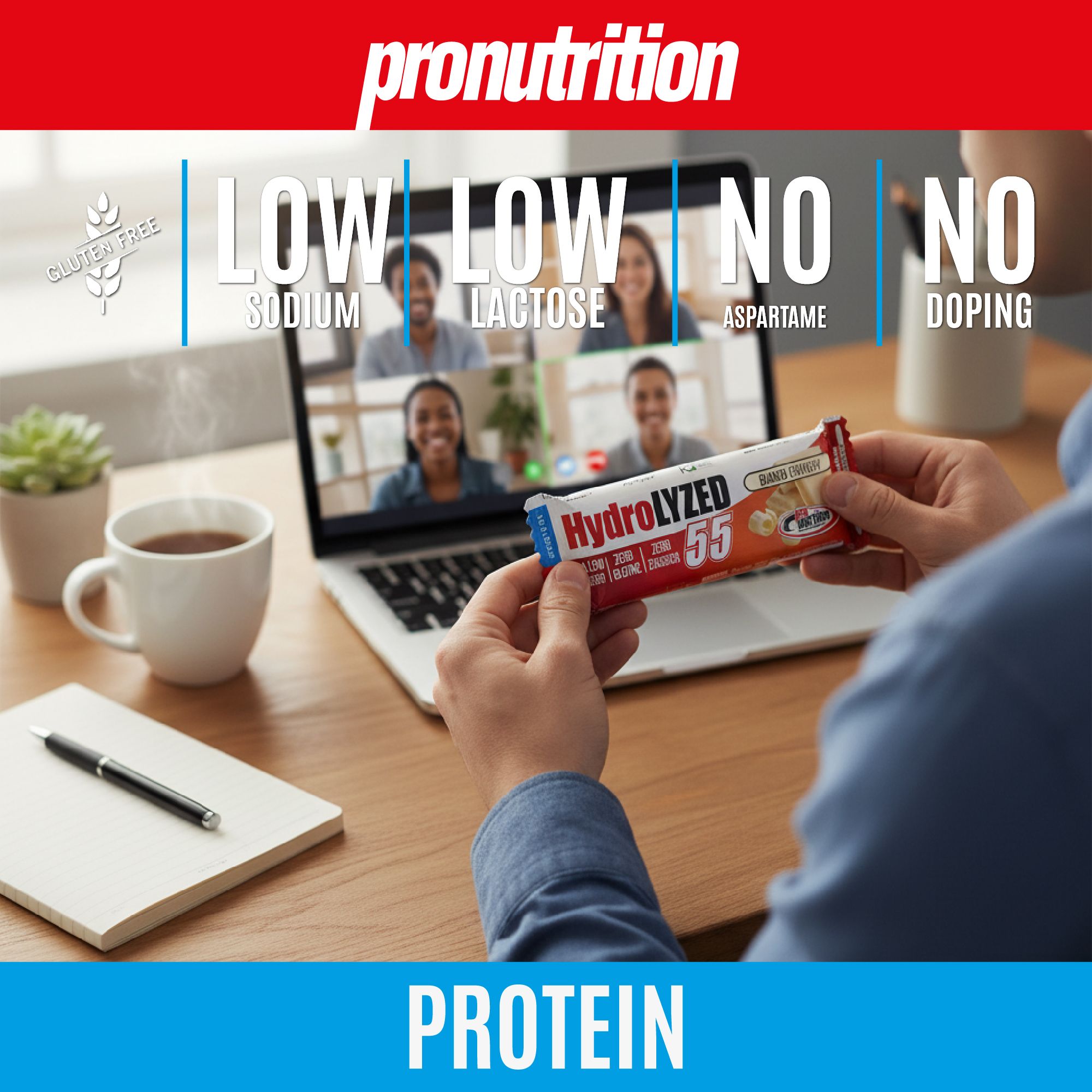 Uomo tiene barretta davanti a laptop con videoconferenza. Testo: Hydrolyzed, 55, senza glutine, sodio, lattosio, aspartame, doping.