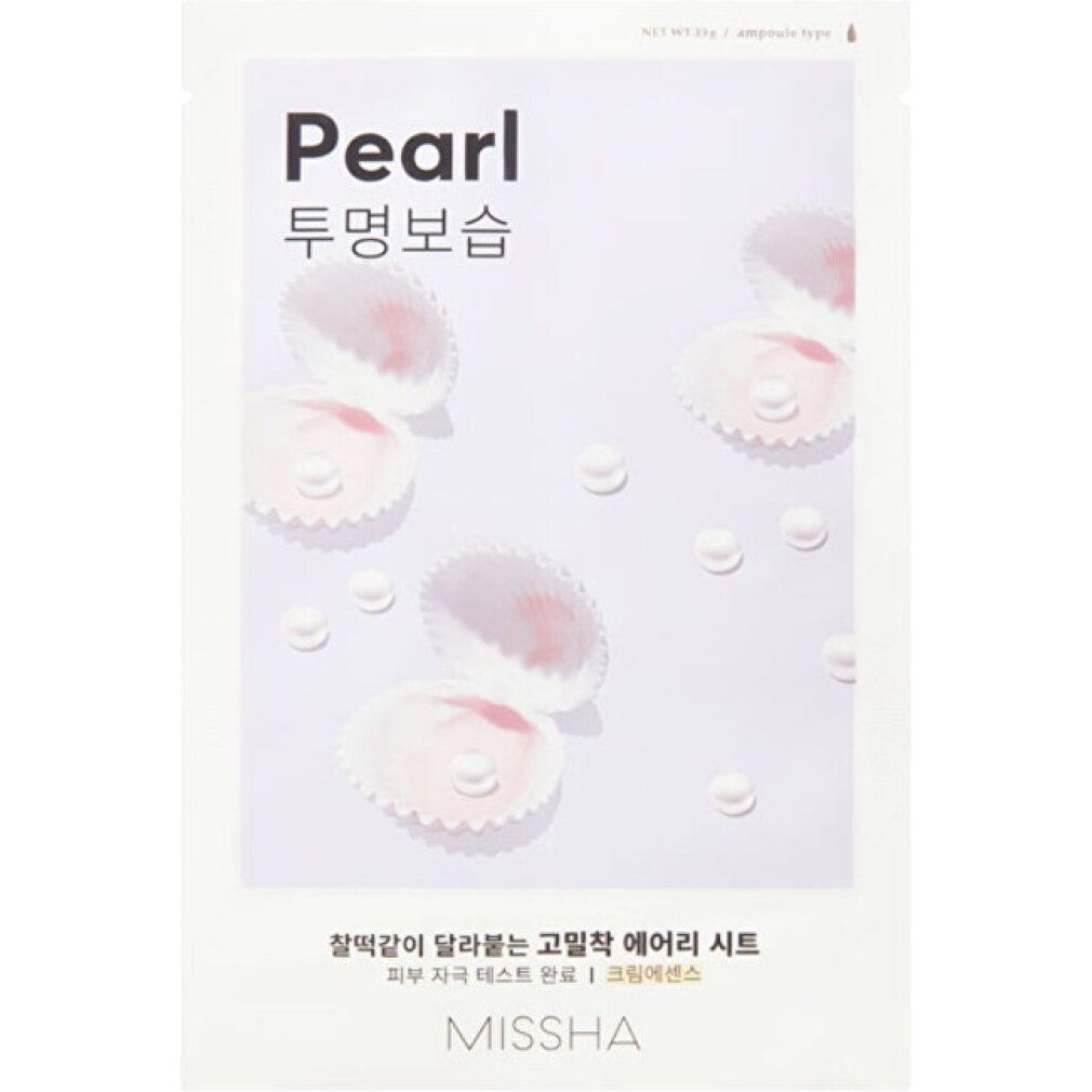 Confezione "Pearl" con conchiglie. Testo coreano. Marchio: MISSHA. Sfondo bianco.