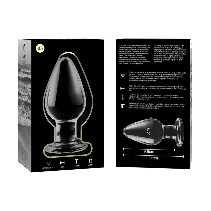 Confezione e plug anale in vetro trasparente. Dimensioni: Lunghezza 11 cm, larghezza 5 cm. Altezza 9,5 cm.