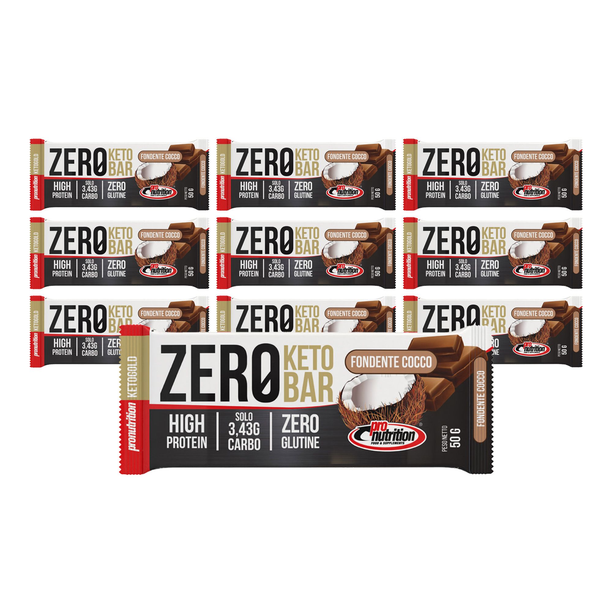 Pronutrition Zero Keto Bar - 10 barrette 50 gr - 40% proteine - 3,43 gr zuccheri - Senza glutine