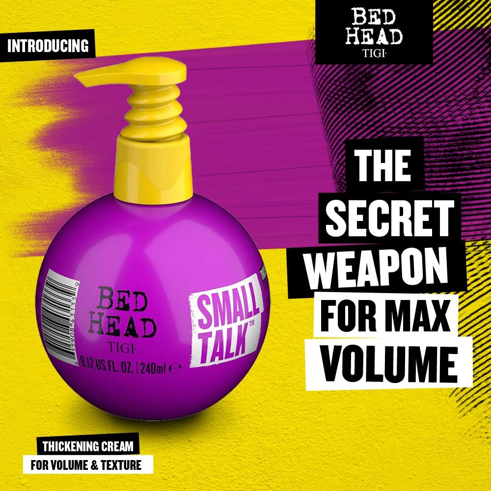 Flacone rotondo viola con erogatore giallo. Testo: "THE SECRET WEAPON FOR MAX VOLUME".