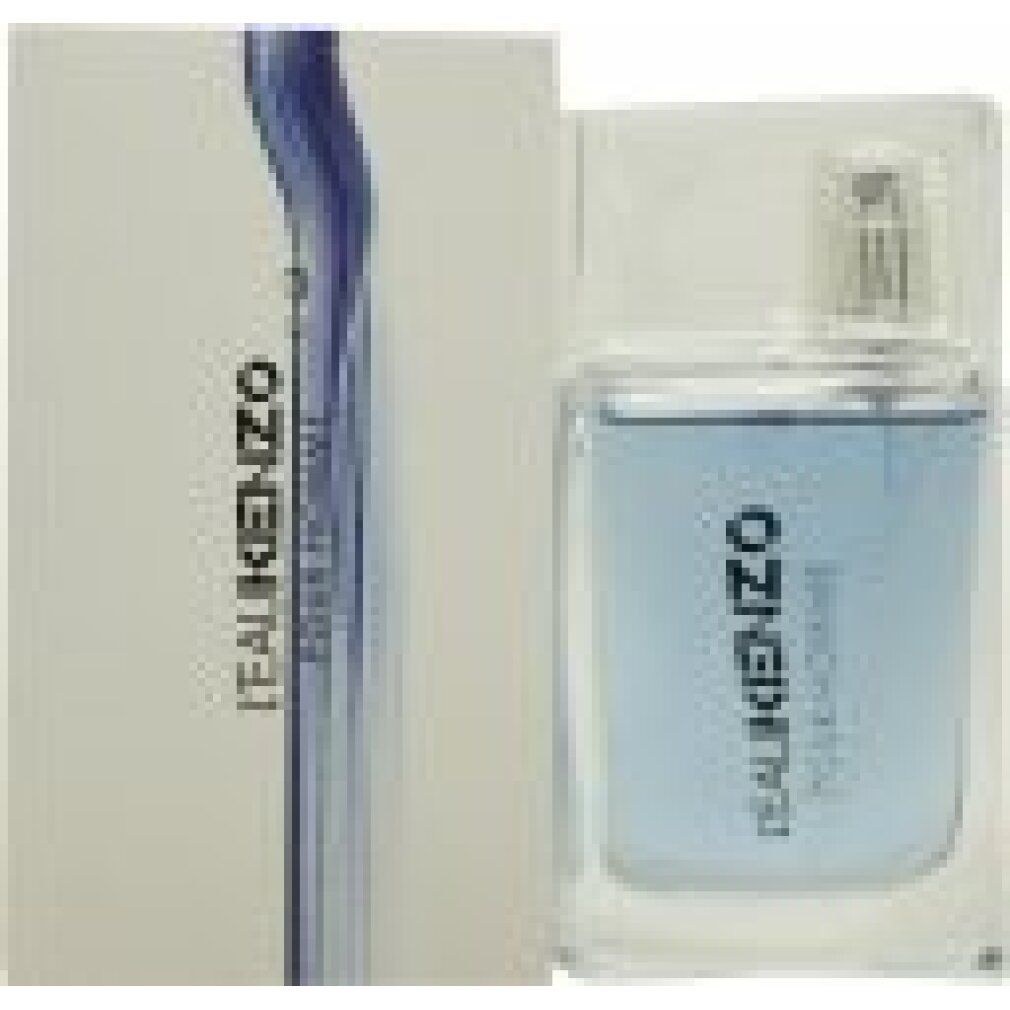 Flacone e confezione L'Eau Kenzo Pour Homme. Flacone in vetro trasparente con acqua profumata blu e spruzzatore argentato.