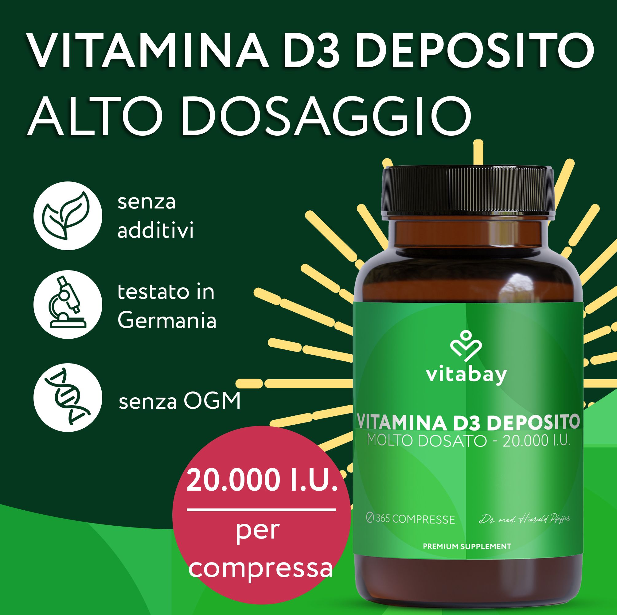 Flacone Vitabay Vitamina D3 Depot. 365 compresse. Testo: Ad alto dosaggio - 20.000 UI per compressa.