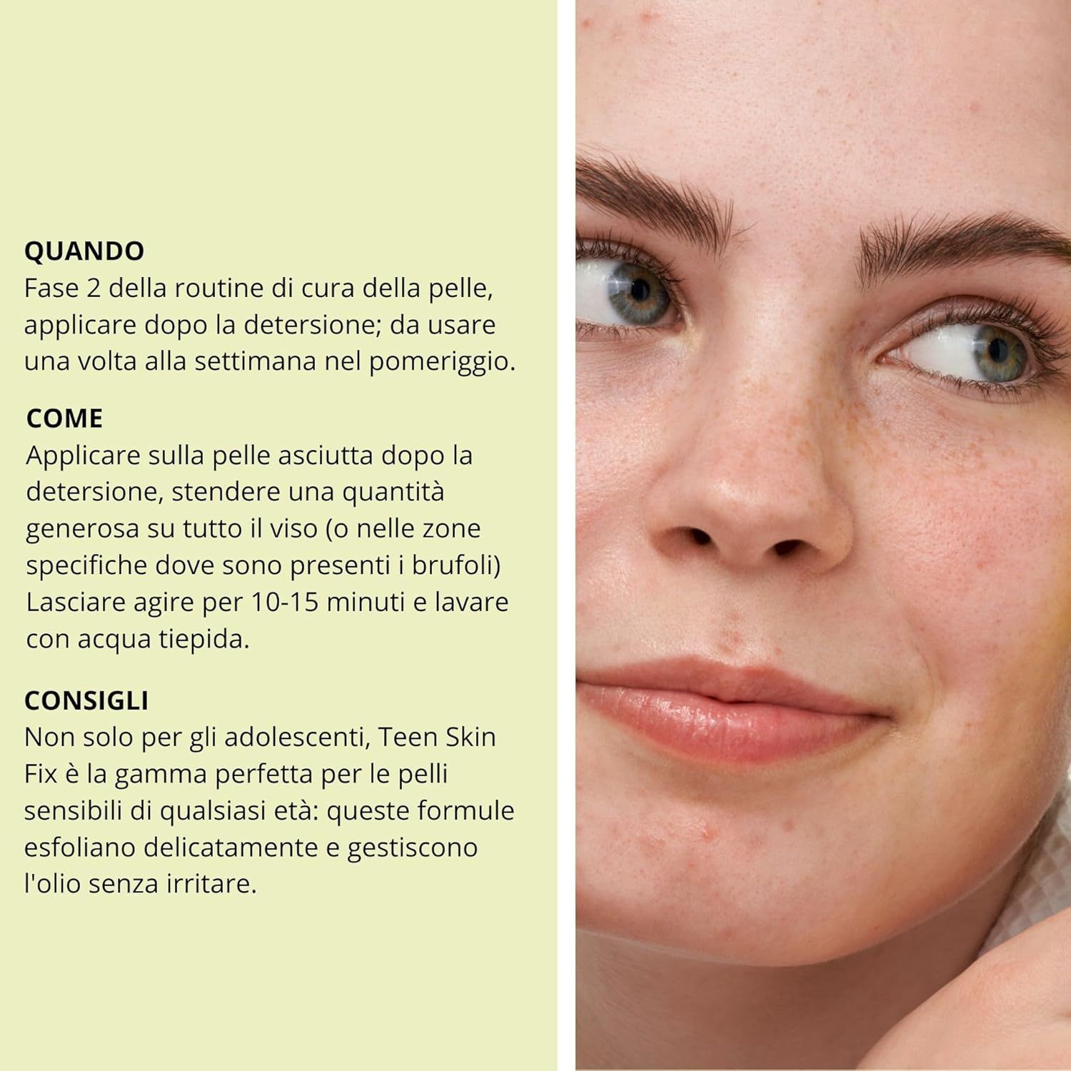 Istruzioni per l'uso e consigli. Accanto, un volto sorridente.