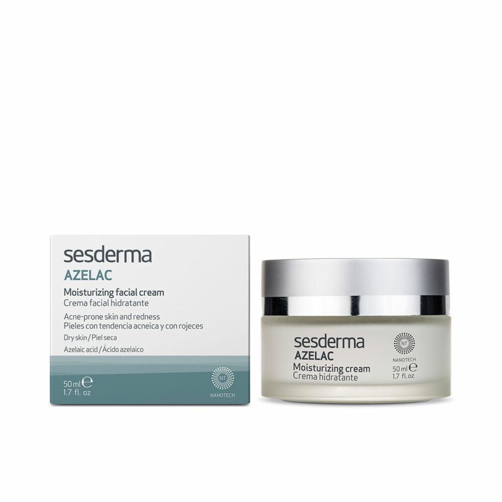 Vaso di crema e scatola. Scritta: Sesderma Azelac, Moisturizing facial cream. Per pelli secche. 50 ml.