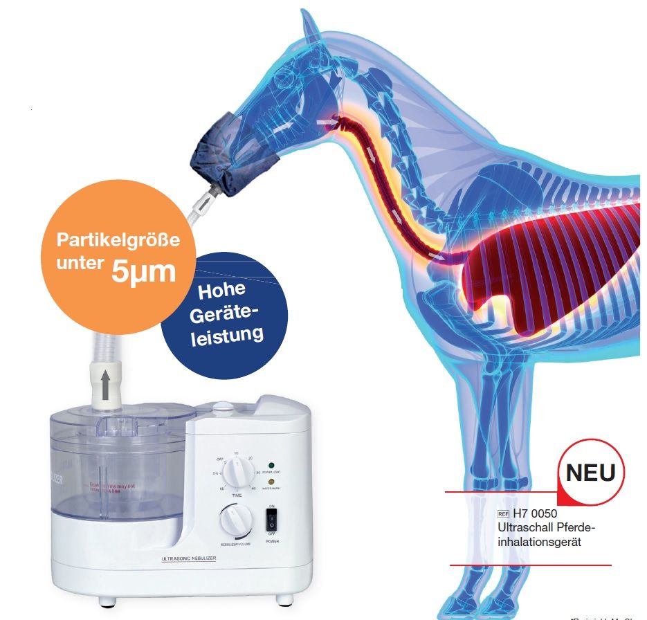 Inalatore per cavalli, bianco. Con comandi e tubo. Grafica di un cavallo con polmoni. Testo: 'NUOVO'.