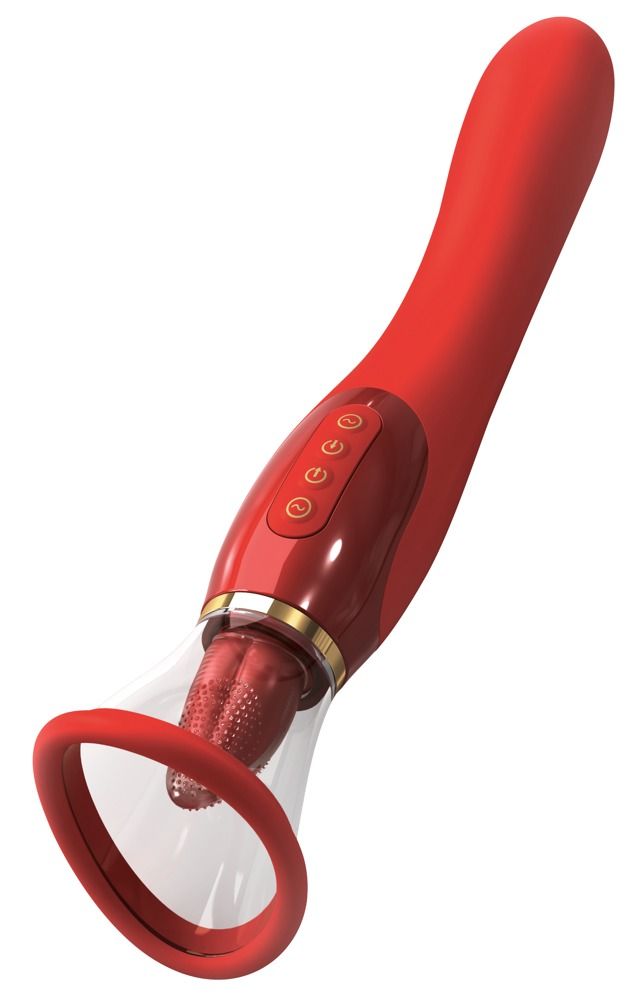 Vibratore rosso con testa testurizzata e quattro pulsanti di controllo.