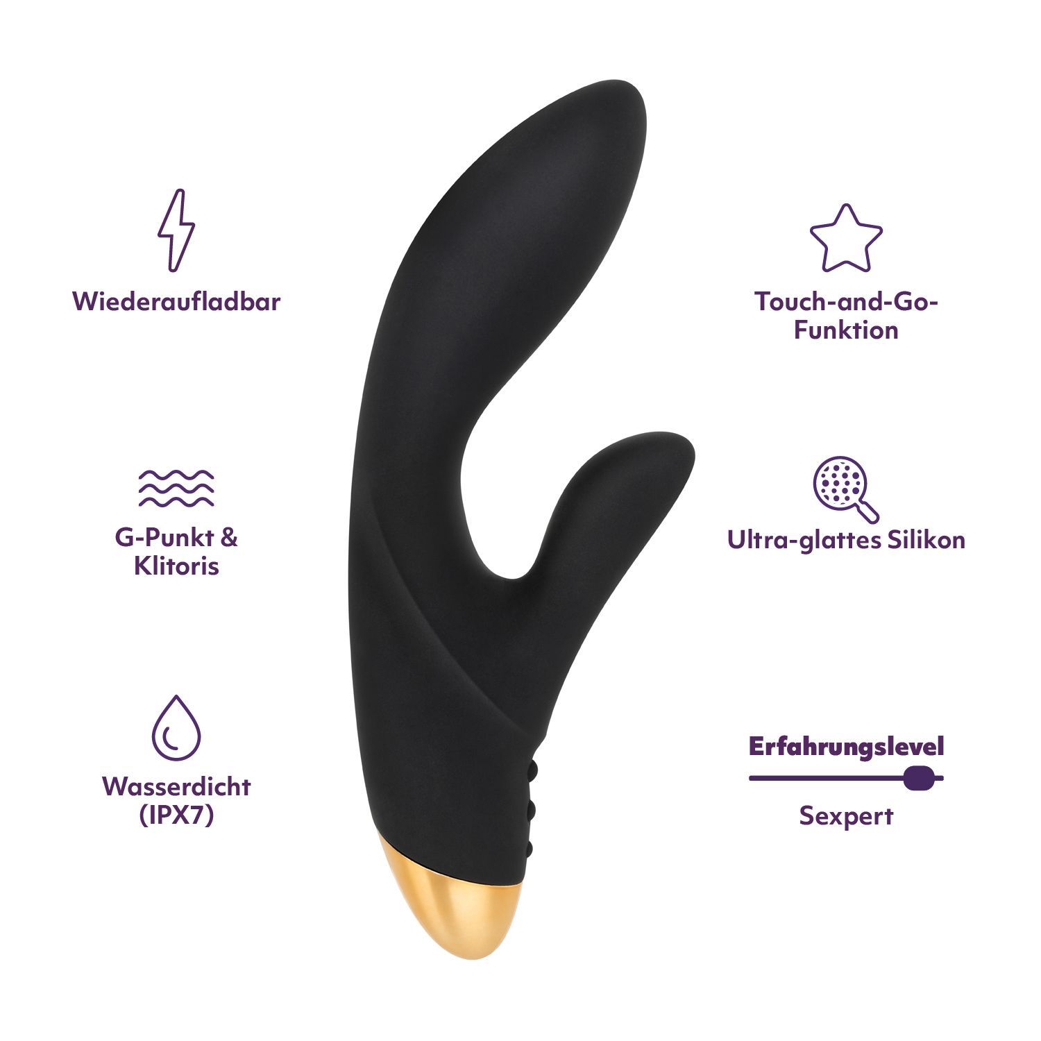 Vibratore a coniglio nero con accento dorato. Caratteristiche: Ricaricabile, Punto G e Clitoride, Impermeabile (IPX7), Touch-and-Go, Silicone ultra-liscio.