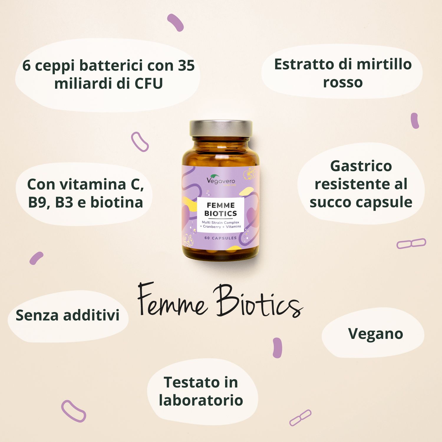 Flacone FEMME BIOTICS con testo e icone. Testo: 6 ceppi batterici, mirtillo rosso, vitamina C, B9, B3, biotina. Vegano.
