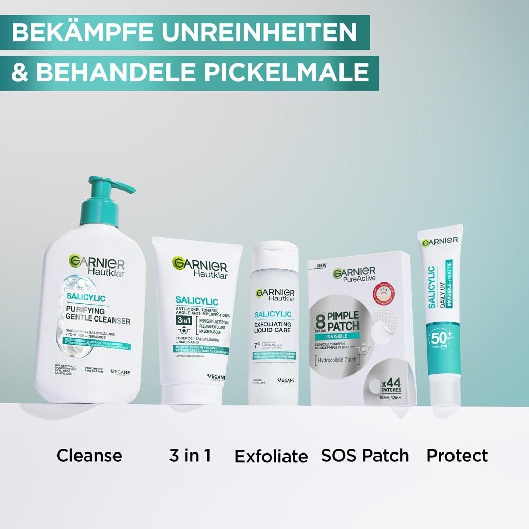 Diversi prodotti. Testo: Combatti le imperfezioni e tratta i segni dell'acne. Prodotti Garnier Hautklar Salicylic.
