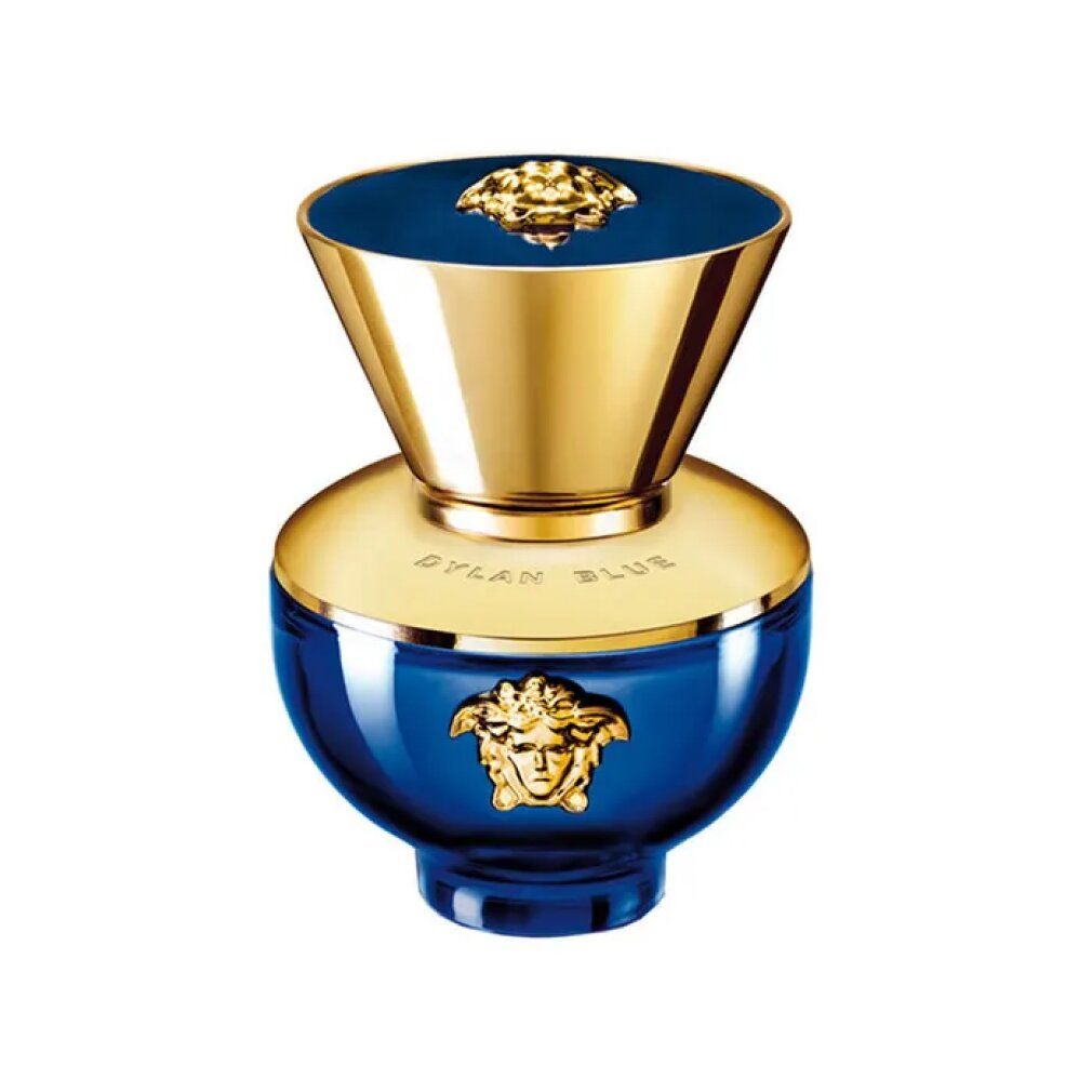 Flacone blu con tappo dorato e logo Medusa. Scritta 'Dylan Blue'.