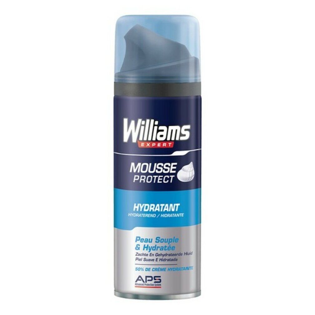 Flacone spray Williams Expert Mousse Protect Hydratant. Colore blu e argento. Scritta: Peau Souple & Hydratée.