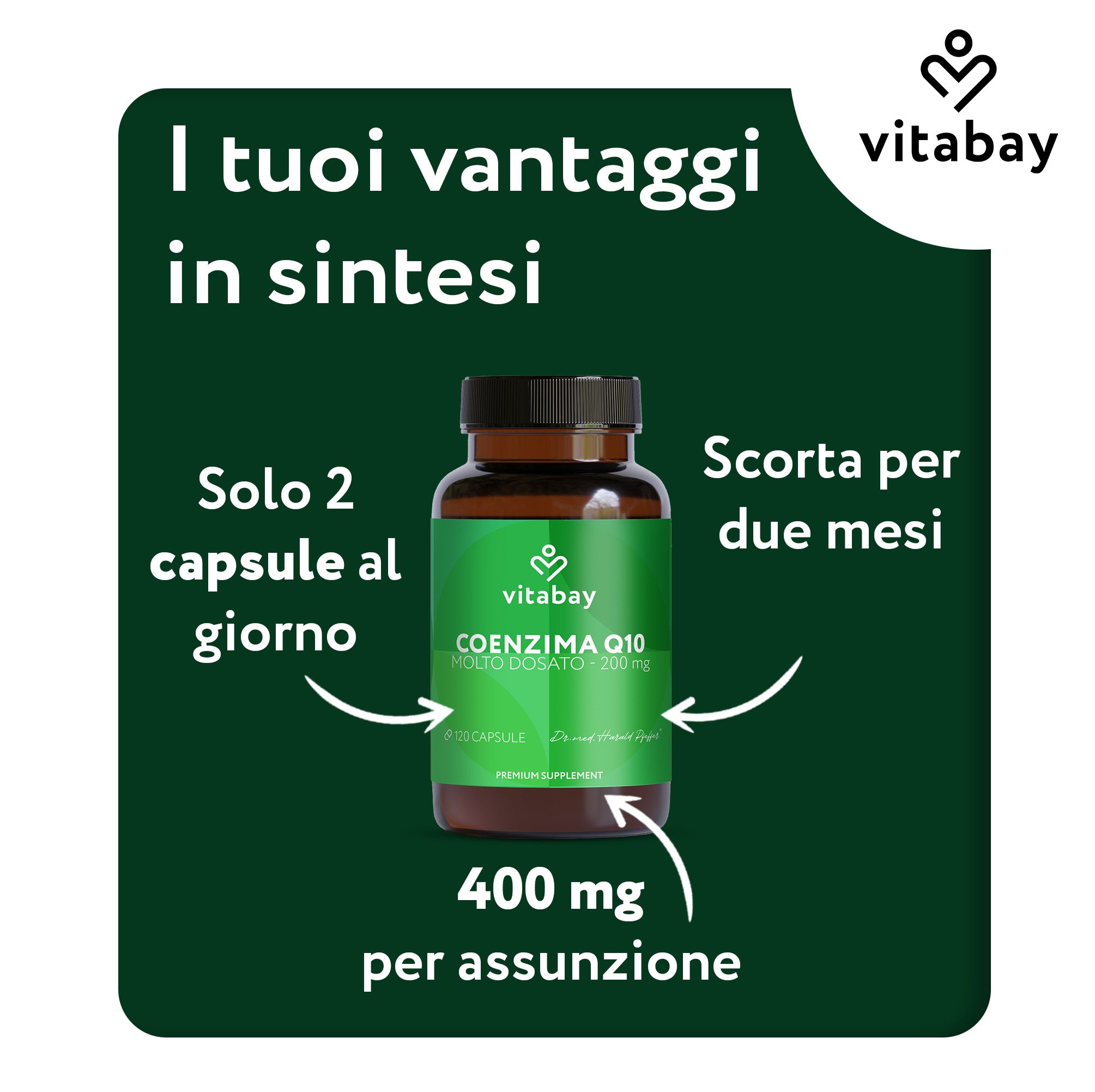 Flacone marrone con etichetta verde. Testo: Coenzima Q10, 200mg. Scorta per due mesi. 400 mg per assunzione.