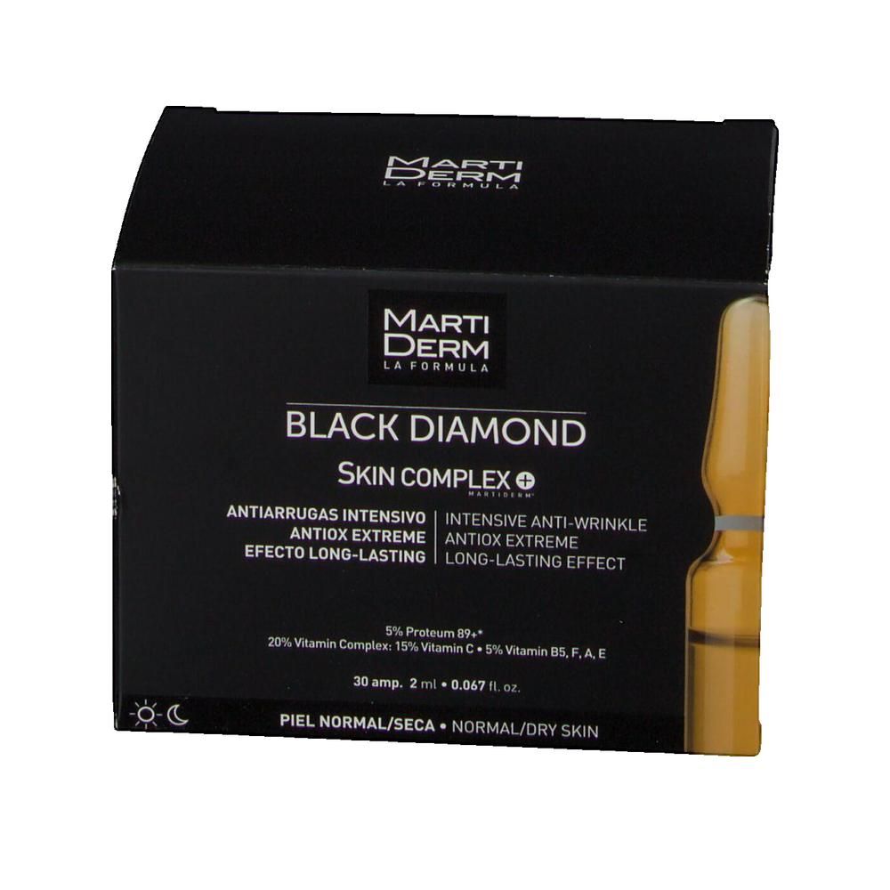 Scatola nera Marti Derm Black Diamond Skin Complex. Ampolla visibile. Testo: Anti-rughe, antiossidante, per pelli normali/secche.