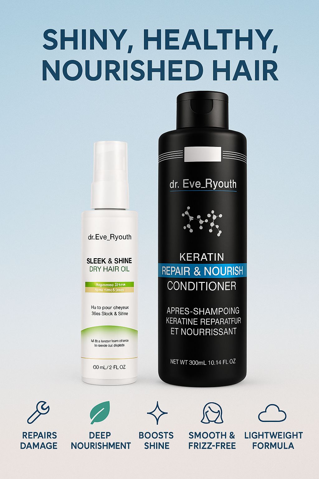 Due bottiglie: olio per capelli e balsamo alla cheratina. Bottiglia nera con testo bianco, bottiglia bianca più piccola con erogatore. Testo: Shiny, Healthy, Nourished Hair.