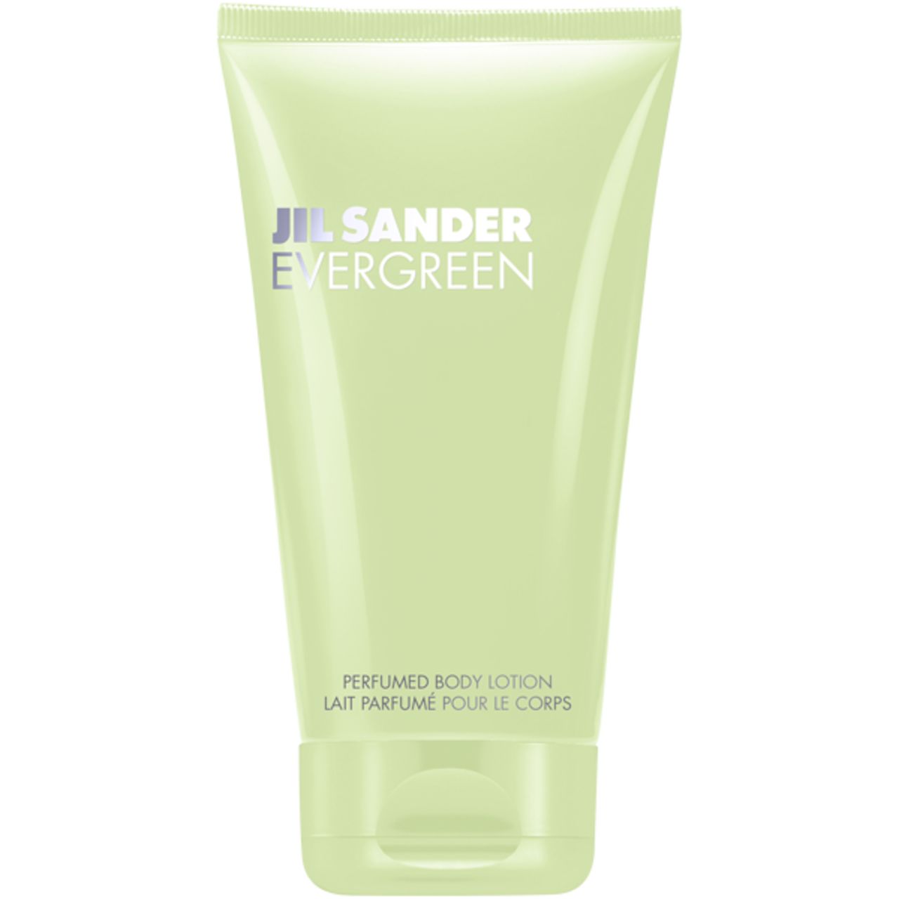 Tubo verde. Scritta: Jil Sander Evergreen, Lozione corpo profumata.