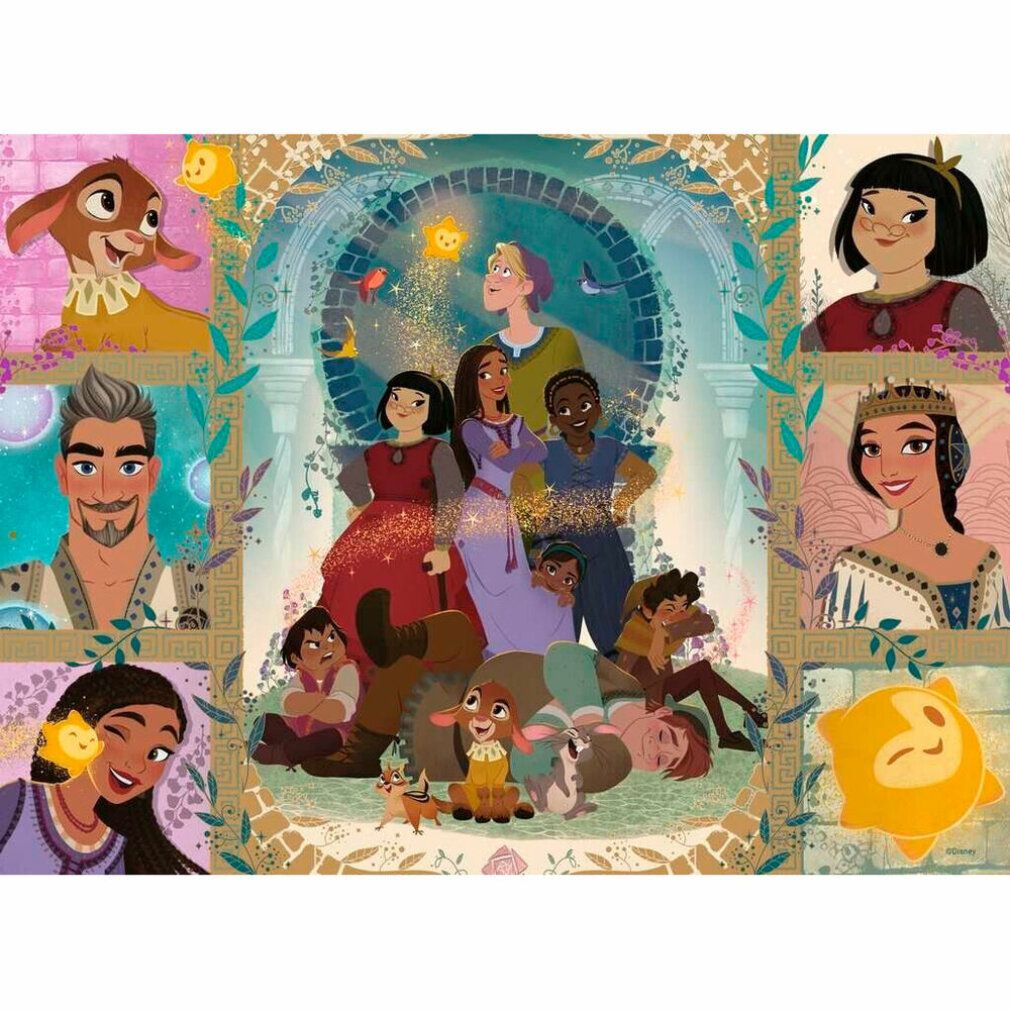 Puzzle con motivo Disney Wish. Diversi personaggi in un design colorato. Cornici dorate circondano i personaggi.