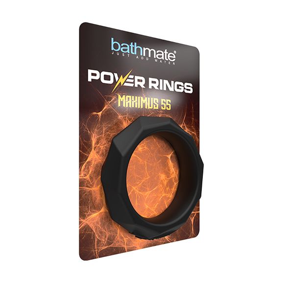 Confezione con anello nero. Testo: Bathmate, Power Rings Maximus 55.