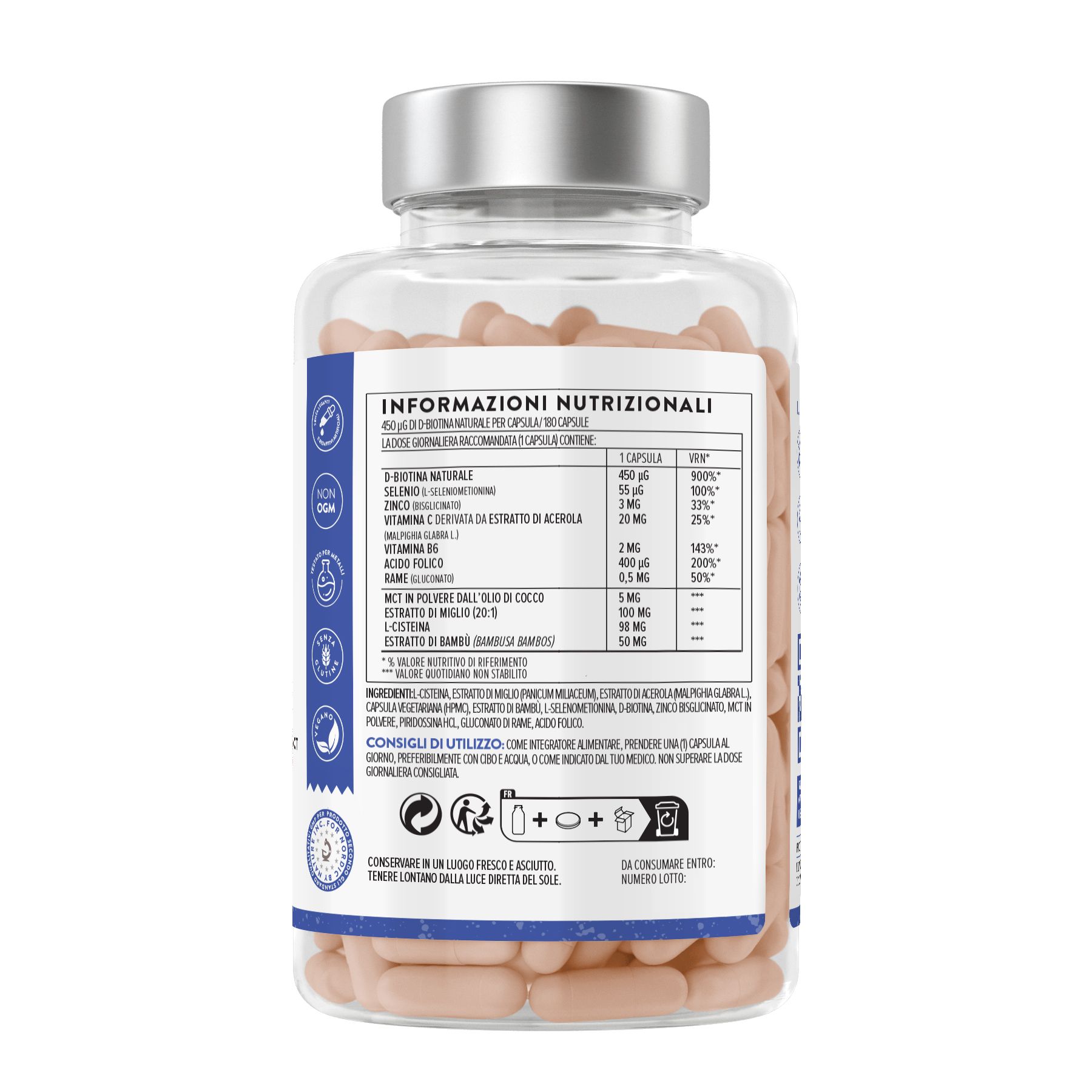 Retro di un flacone di capsule. Informazioni nutrizionali. Ingredienti. AAVALABS.