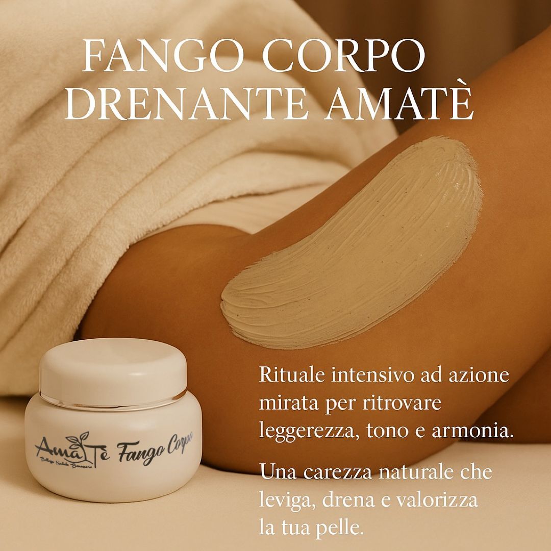 Braccio con crema applicata. Accanto, un vasetto con Amatè Fango Corpo. Testo: Fango Corpo Drenante Amatè.