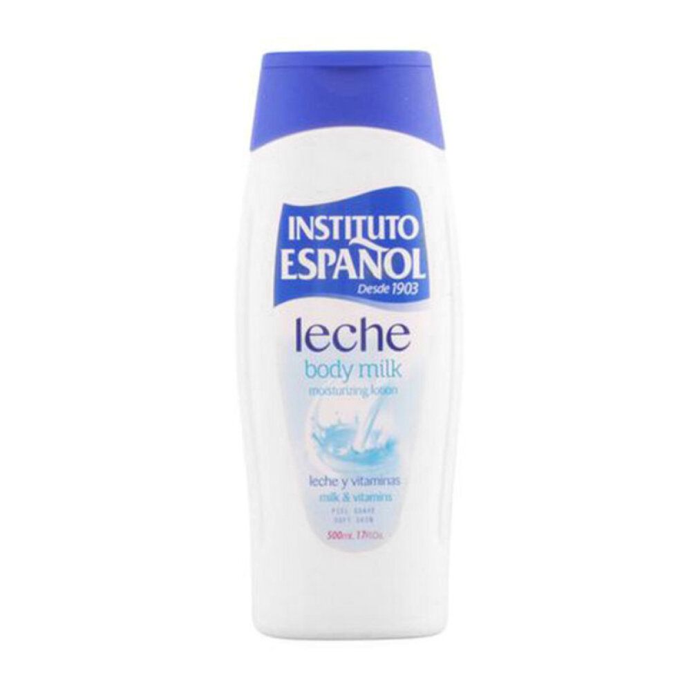 Flacone bianco con tappo blu. Scritta: Instituto Español, Leche body milk, leche y vitaminas.