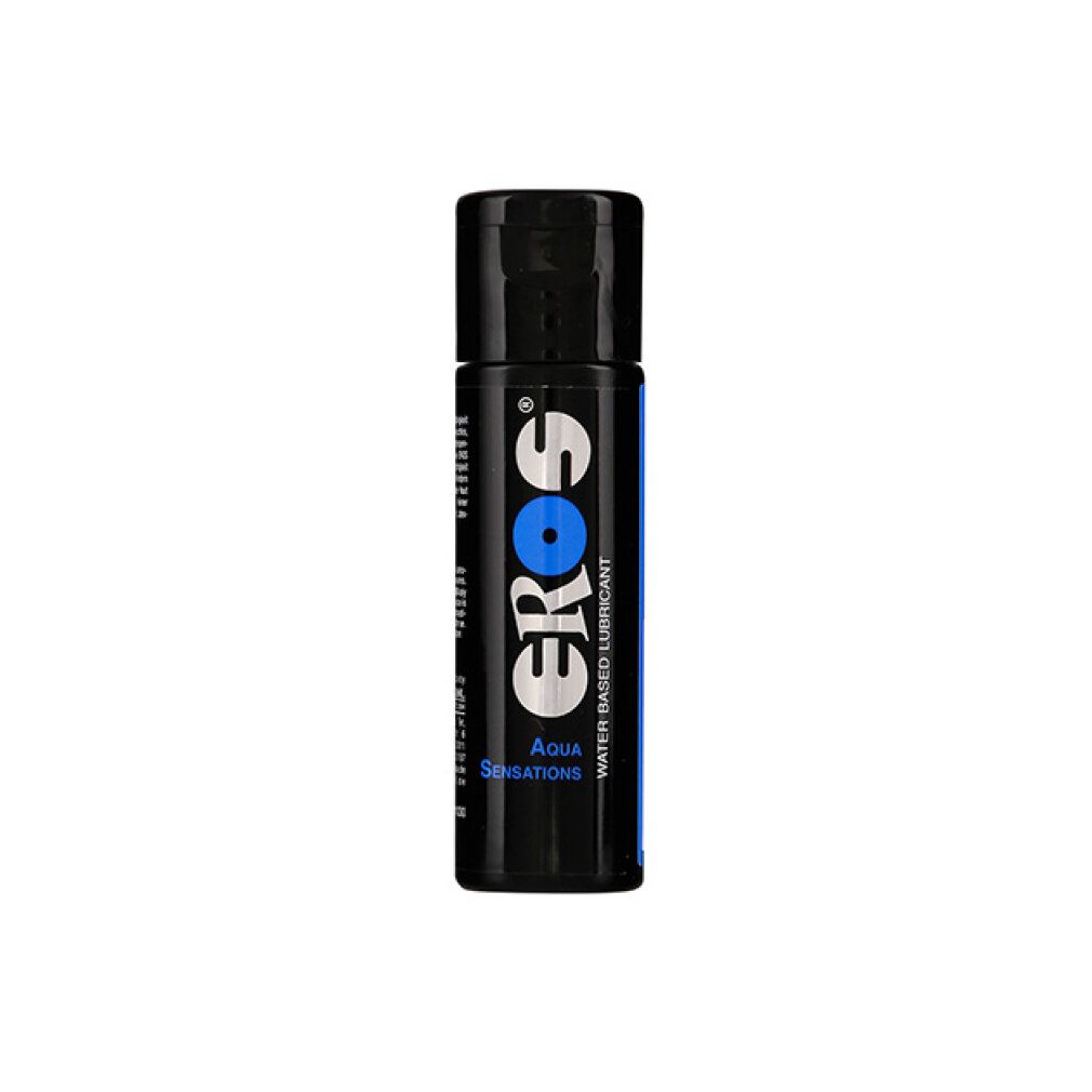 Flacone nero con etichetta blu. Scritta: EROS, Aqua Sensations, Water Based Lubricant.