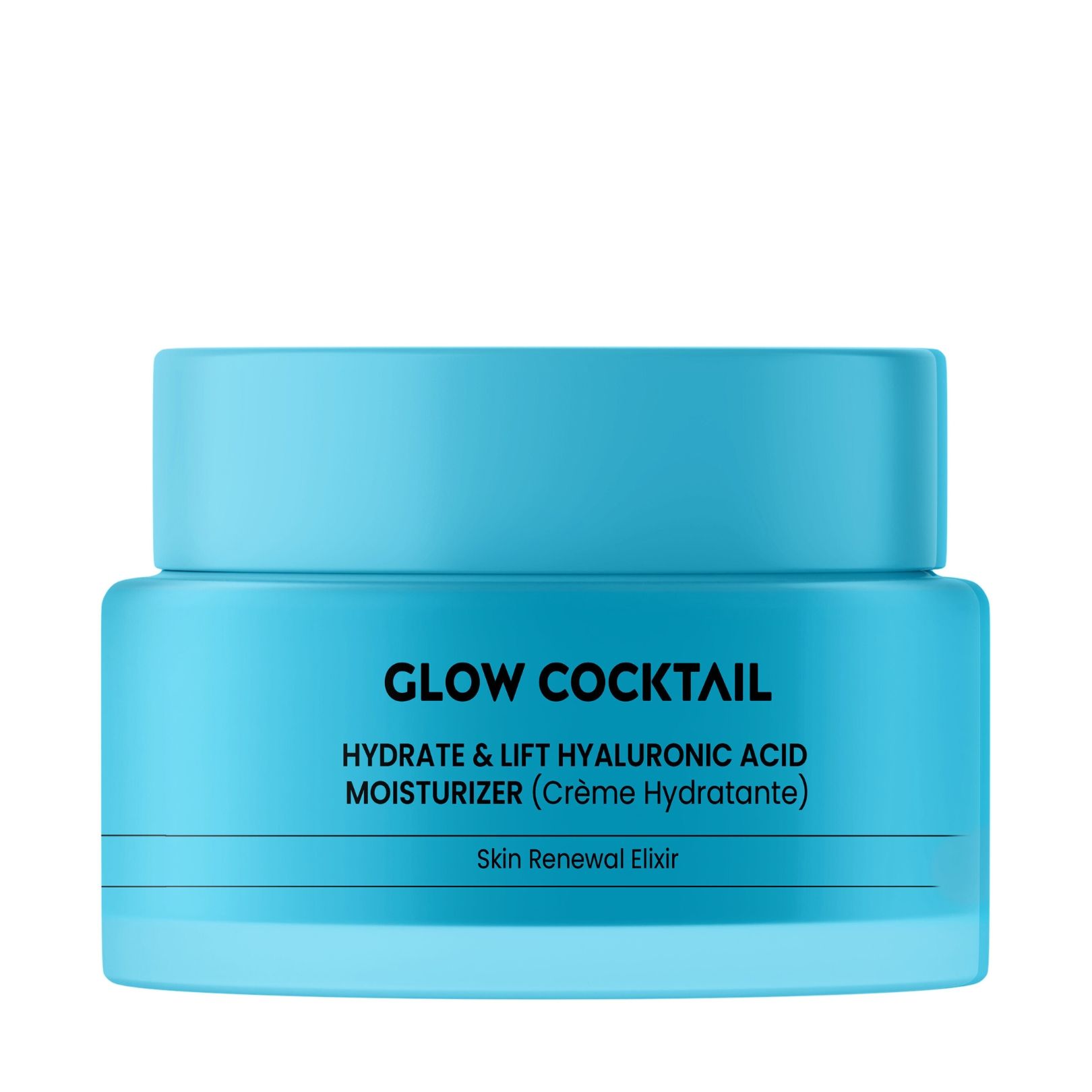 Vasetto turchese con coperchio. Scritta: Glow Cocktail, Hydrate & Lift Hyaluronic Acid Moisturizer.