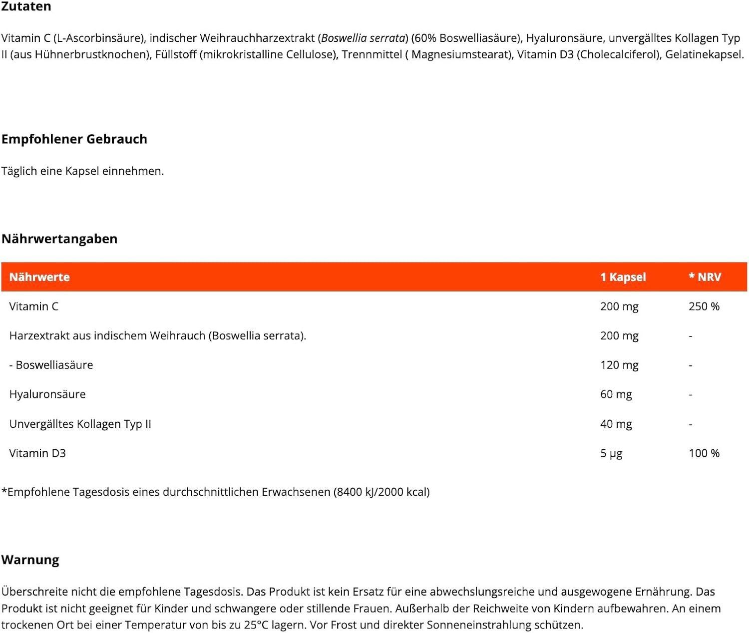 Informazioni nutrizionali per GymBeam Collagene Tipo II Joint Complex, con Vitamina C, Acido Ialuronico e Collagene.