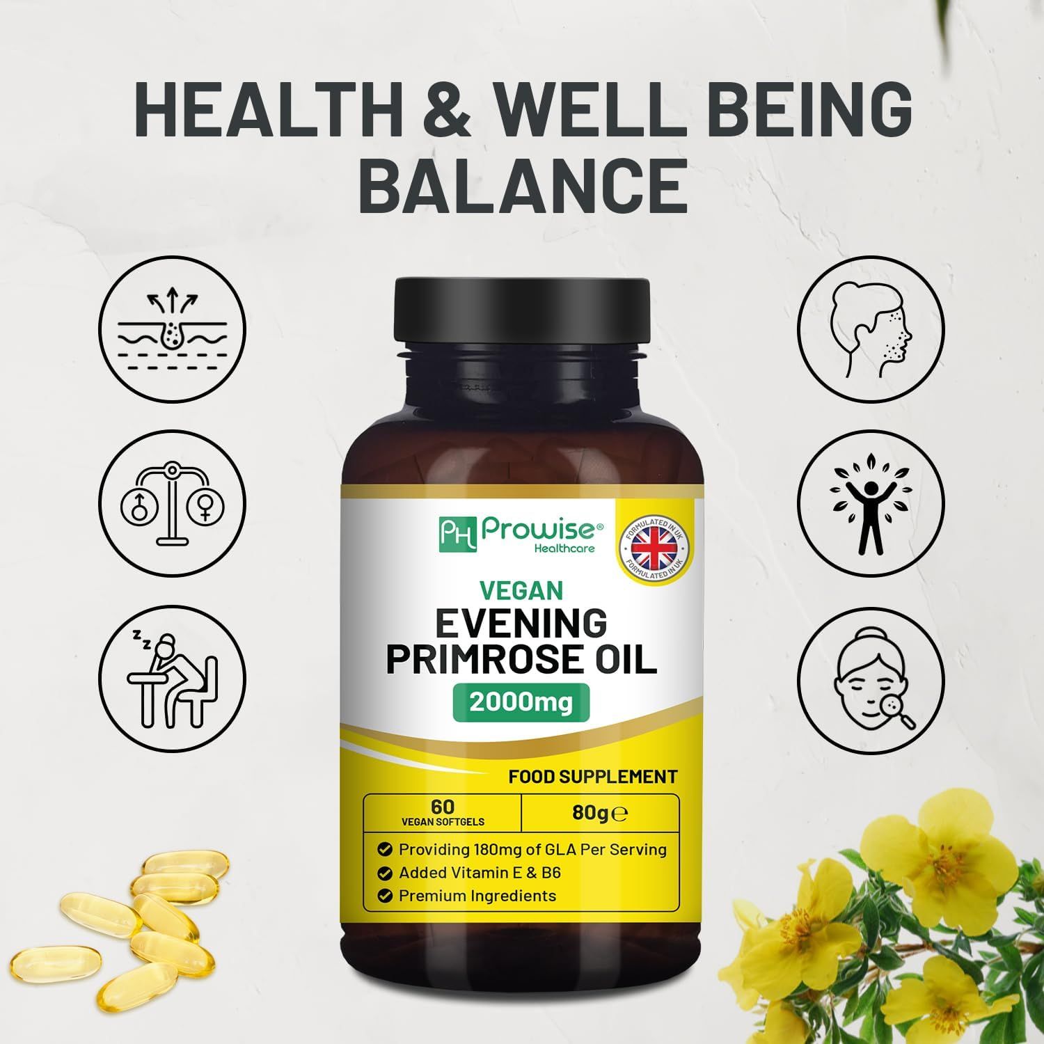 Flacone marrone di Prowise Veganes Nachtkerzenöl Softgels. Scritta: Vegan Evening Primrose Oil 2000mg. 60 capsule. Con icone.