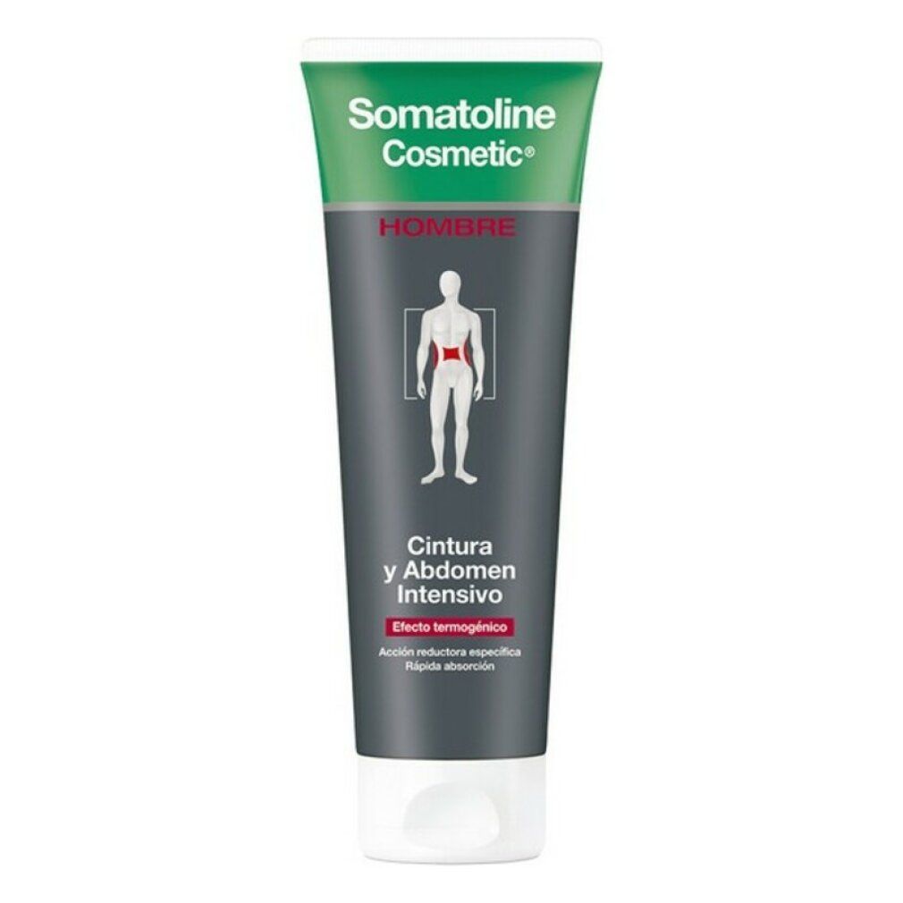 Tubo con tappo verde e bianco. Scritta: Somatoline Cosmetic, Hombre, Cintura y Abdomen Intensivo. Effetto termogenico. Figura di uomo.