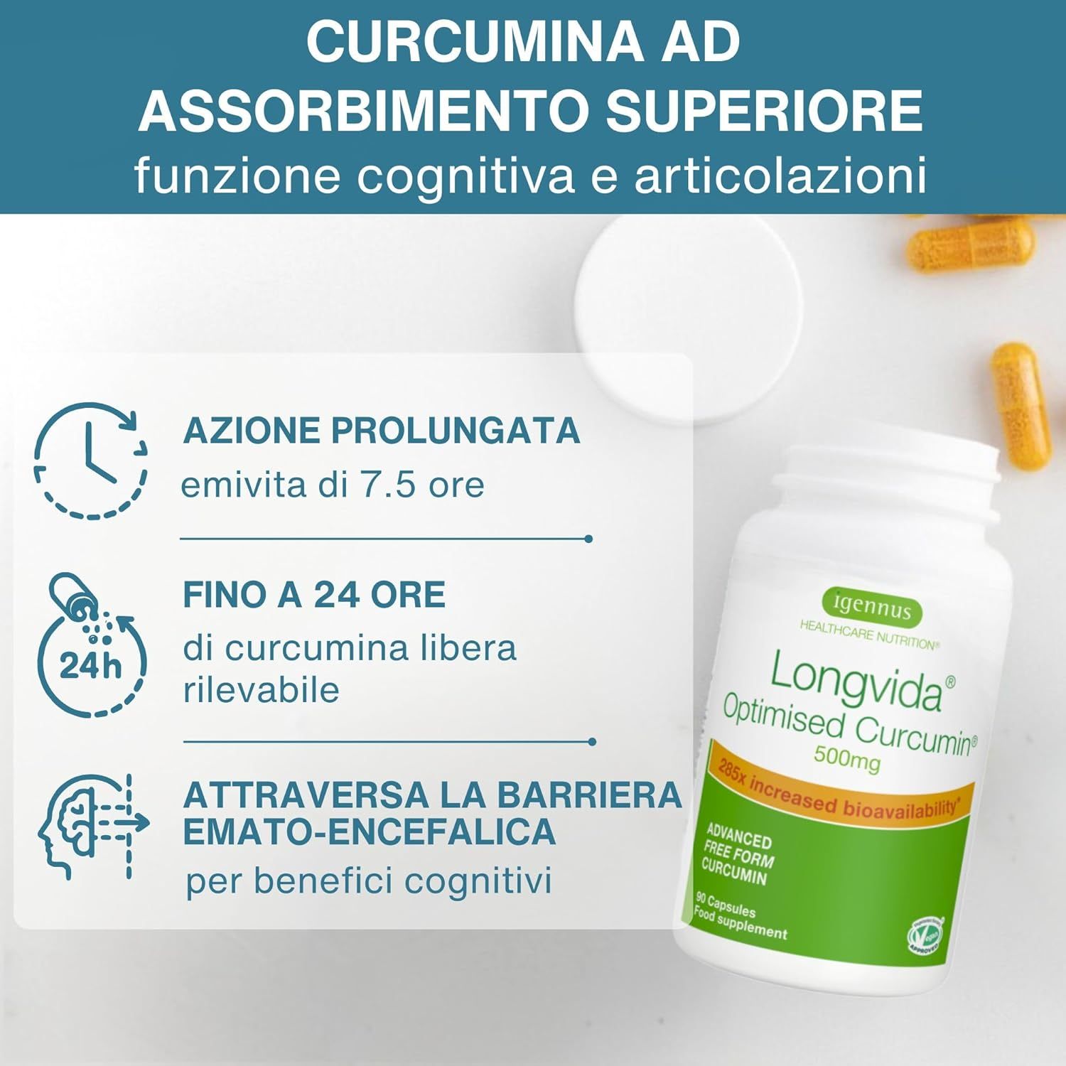 Barattolo Igennus Longvida Optimised Curcumin con informazioni sul rilascio prolungato e biodisponibilità.