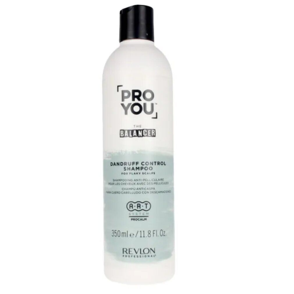 Flacone bianco, tappo nero. Scritta: Pro You The Balancer, Dandruff Control Shampoo. Marchio: Revlon.