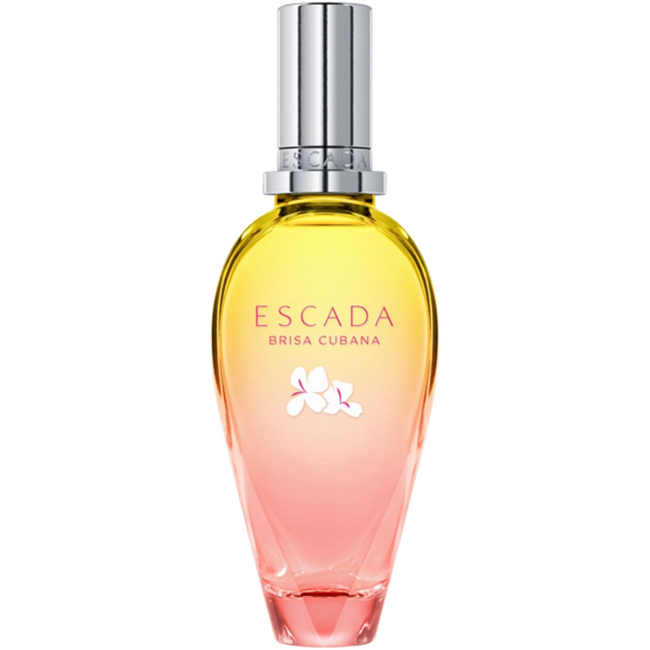 Escada Brisa Cubana E.d.T. Nat. Spray. Flacone sfumato giallo-rosa, tappo argento. Decorazione floreale.