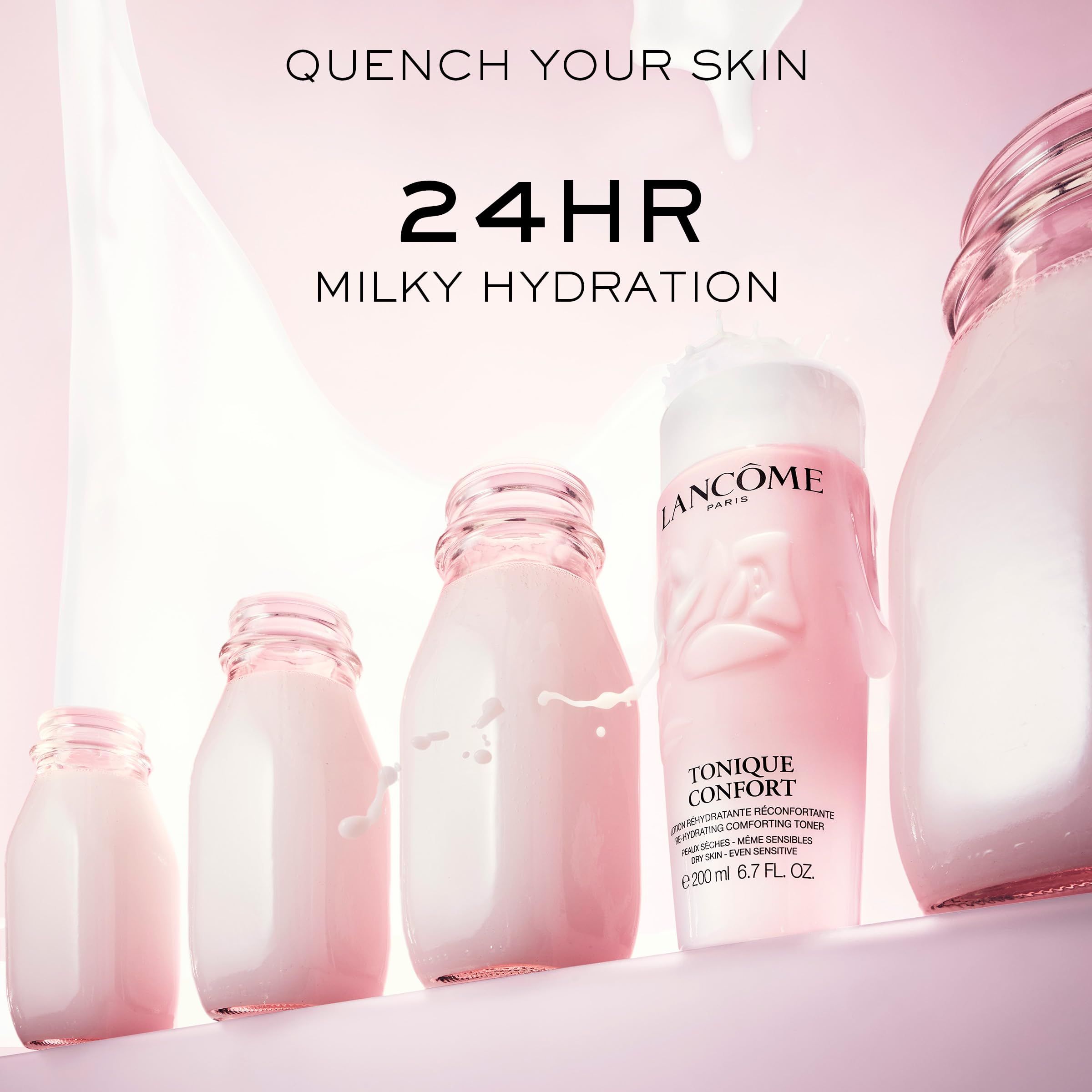 Cinque flaconi con liquido lattiginoso. Testo: Idratazione lattiginosa 24H. Prodotto: Tonique Confort, 200 ml, 6.7 FL. OZ.