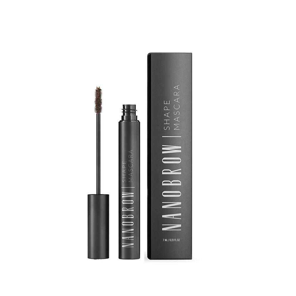 Flacone e scovolino mascara, accanto alla confezione. Scritta: NANOBROW SHAPE MASCARA.