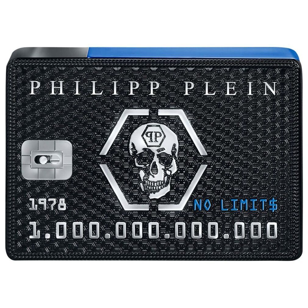 Confezione rettangolare nera con design teschio, logo "Philipp Plein" e scritta "No Limits". Parte superiore blu.
